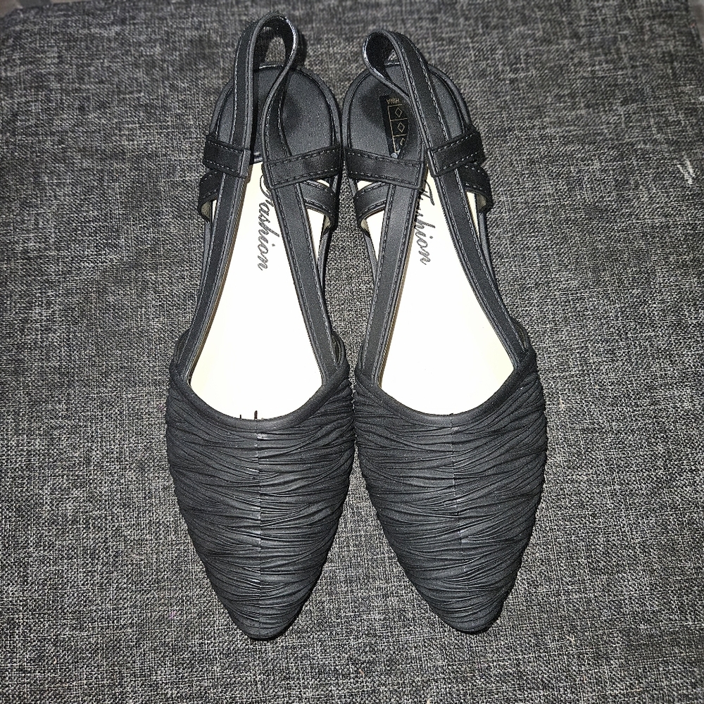 🔥BC Fashion Women’s Black Ruched Pointed Toe Slingback Wedge Shoes Size 7.5